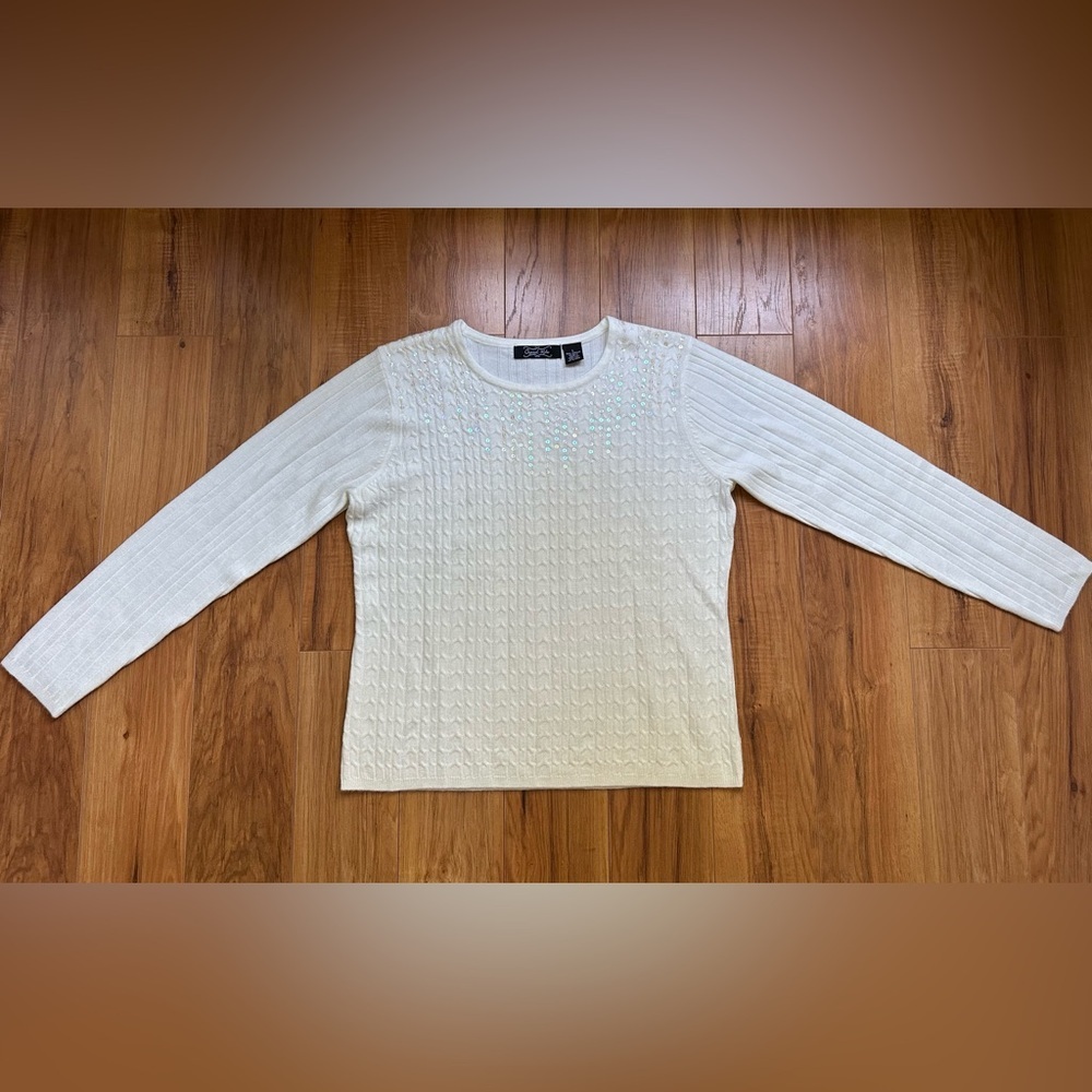Vintage Large Krystal Kobe White/ Cream Cable Knit Sweater with Sequin Detail - Picture 1 of 11
